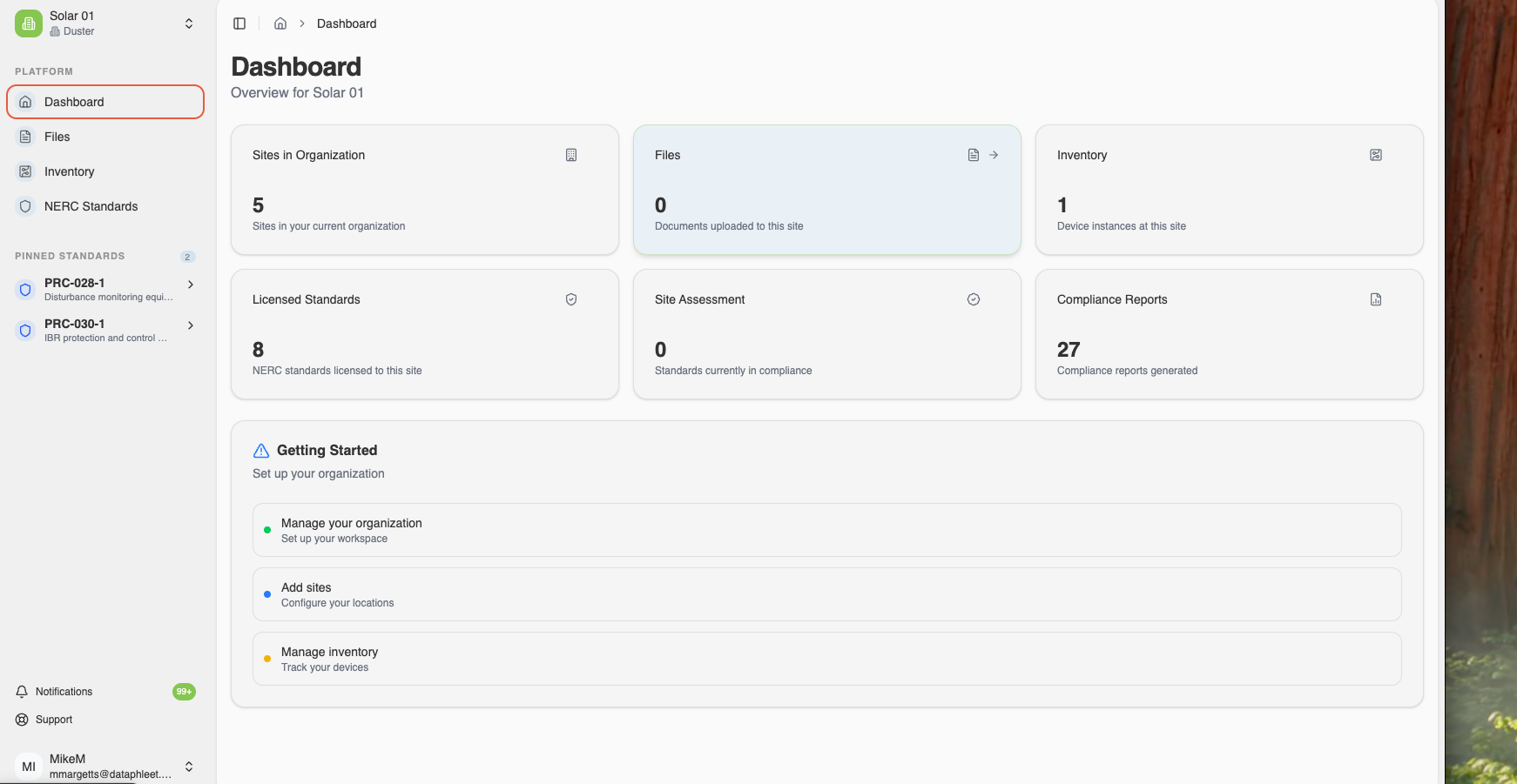 data phleet platform dashboard showing sites, licensed standards, and compliance reports