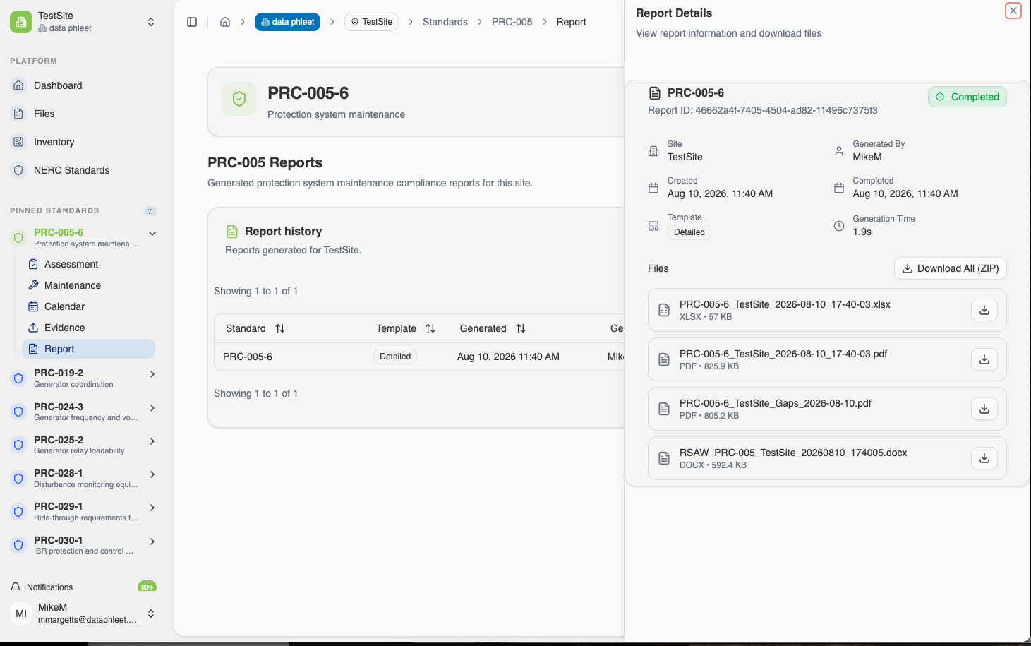 data phleet Report Details panel showing PRC-005-6 compliance report downloads