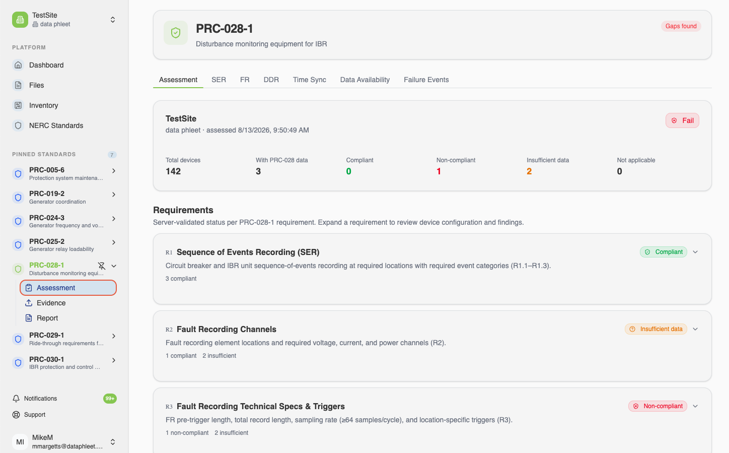 data phleet PRC-028-1 assessment showing compliant, non-compliant, and insufficient-data device counts