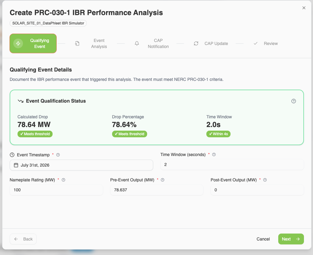 data phleet PRC-030-1 IBR performance analysis modal showing event qualification status